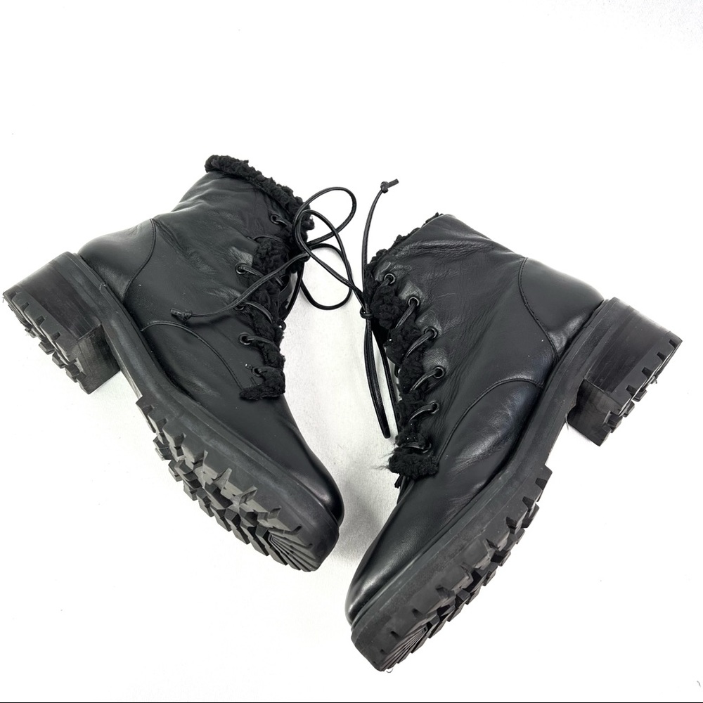 Schutz Stephan Black Leather Faux Shearling Lined Lace Up Lug Sole Ankle Boots 8 - Picture 6 of 7